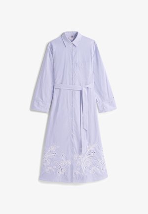 Blue and white striped long shirt dress with a belt, featuring floral embroidery at the hem. Made from woven fabric, has a collar and buttons.