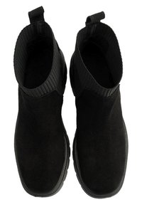 Black suede ankle boots with ribbed textile accents, elastic side panels, and a textured rubber sole. Top-down view showcasing sleek design.