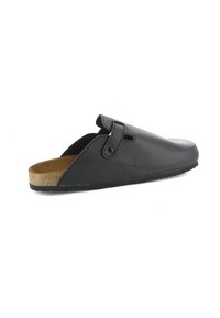 Schwarzer Leder-Schlüpfschuh mit Korkeinlegesohle, runder Zehenpartie, verstellbarem Riemen und strukturiertem Gummisohle, entworfen für Komfort und einfache Handhabung.