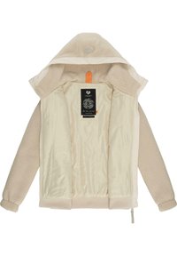 Fleecegefütterte Jacke in Creme, mit durchgehendem Reißverschluss, großem Kapuzen und gerippten Bündchen. Das Innere hat ein glattes Futter mit einem bedruckten Etikett.