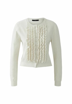 Helle cremefarbene Strickjacke mit langen Ärmeln, die ein Rüschendesign vorne und Knopfverschlüsse aufweist, gefertigt aus einem weichen, strukturierten Stoff.