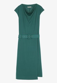 Robe bleu sarcelle avec un col drapé en forme de drapé, des manches courtes cape, et une large ceinture avec une boucle rectangulaire. Tissu lisse, longueur genou.