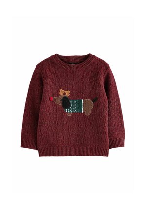 Pull tricoté pour enfants couleur marron rouge avec un teckel portant des bois de cerf et un pull vert à motifs à l'avant.