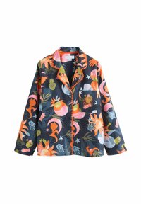 Pika varrukaga tumesinine öösärgi särk, millel on värvikas mitmevärviline käte, päikeste ja taimede trükk. Contrasti rõhutamiseks on oranž torustik.