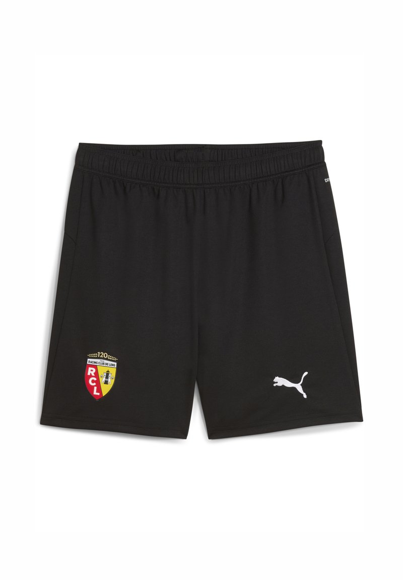Sorte atletiske shorts lavet af letvægtigt stof. Har et hvidt Puma-logo på højre side og et farvet emblem på venstre side.