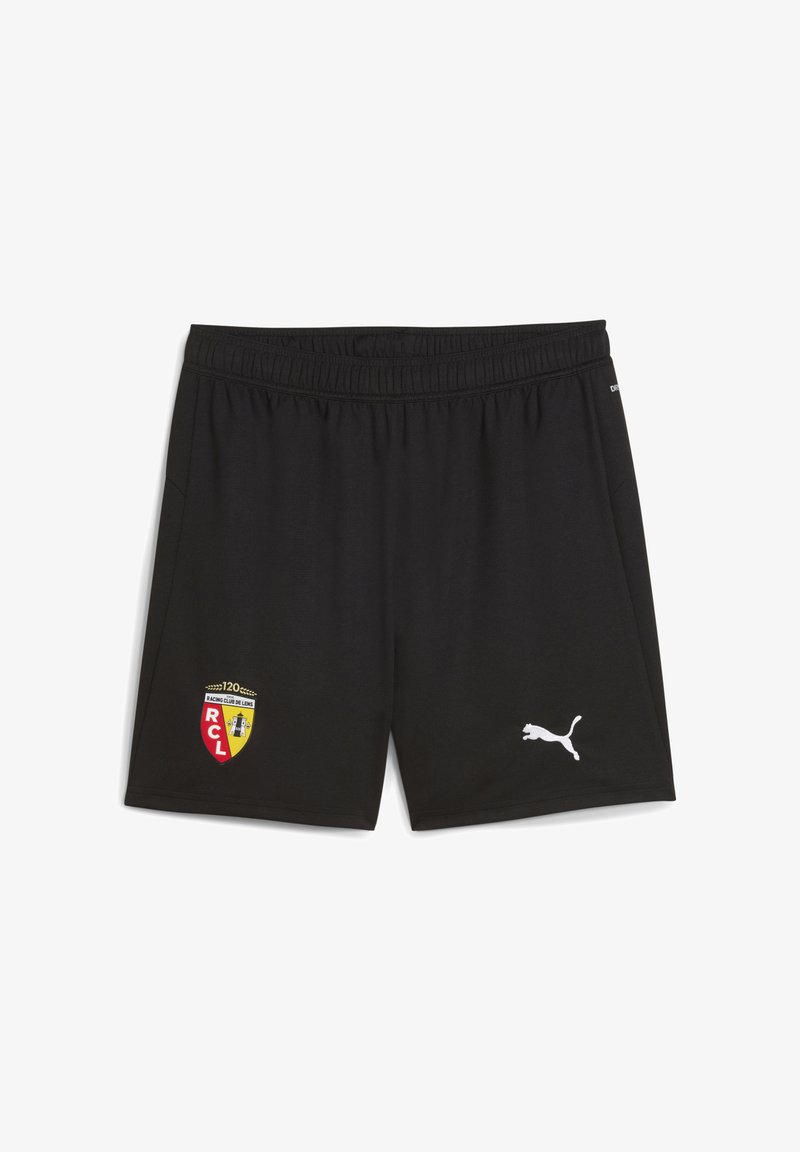 Čierne športové kraťasy vyrobené z ľahkej tkaniny. Obsahujú biele logo Puma na pravej strane a farebný emblém na ľavej strane.