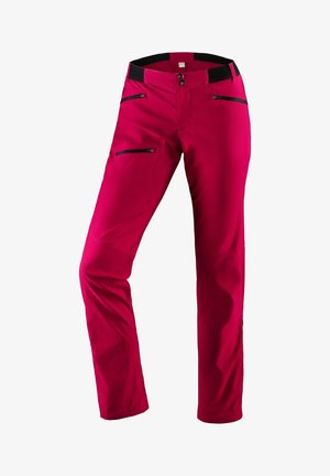 Fuchsia hiking pants with a sleek design, featuring two zippered pockets and a button closure. Made from durable, lightweight material.