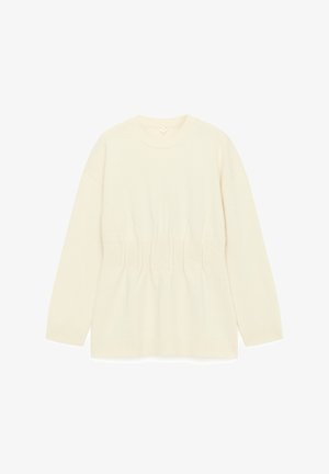 Cream-colored knit sweater with a round neckline, long sleeves, and gathered detailing at the waist. Features ribbed cuffs and hem.