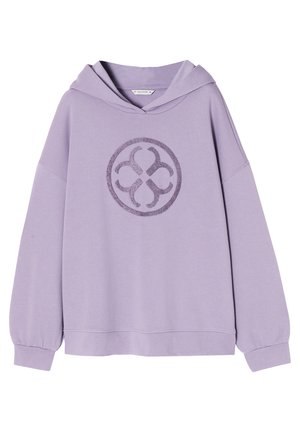 Fialová mikina vyrobená z bavlněné směsi, s velkým kulatým logem v tmavším odstínu, s kleslými rameny a žebrovanými manžetami.