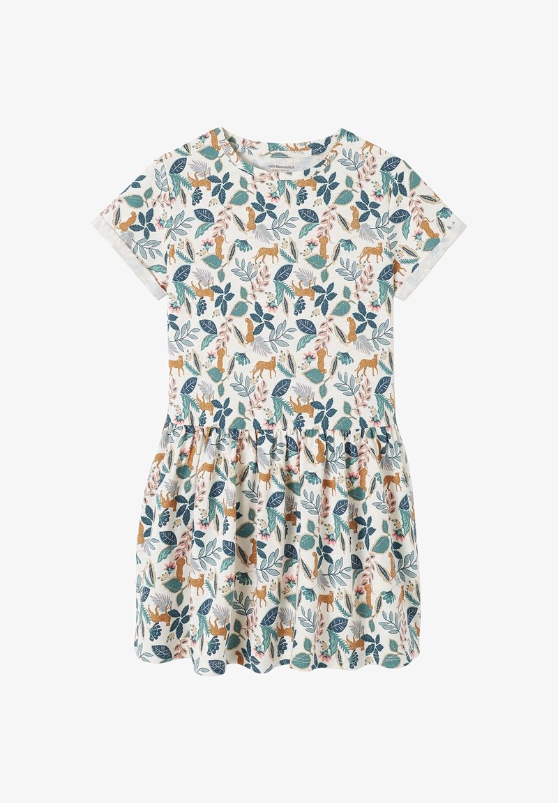 Robe blanche à manches courtes avec jupe froncée, ornée d'un imprimé multicolore de feuilles et de petits animaux orange.