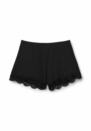 Shorts noirs à côtes avec une douce dentelle au bord. Le tissu est lisse et la taille est élastique pour un maximum de confort.