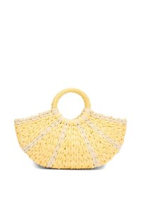 Sac à main tissé jaune avec une anse circulaire, une forme d'éventail et des accents jaunes clairs et foncés alternés. Fabriqué en matière texturée.