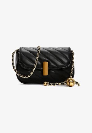 Black quilted leather handbag with a gold chain strap, featuring a rectangular gold clasp and a decorative gold charm.