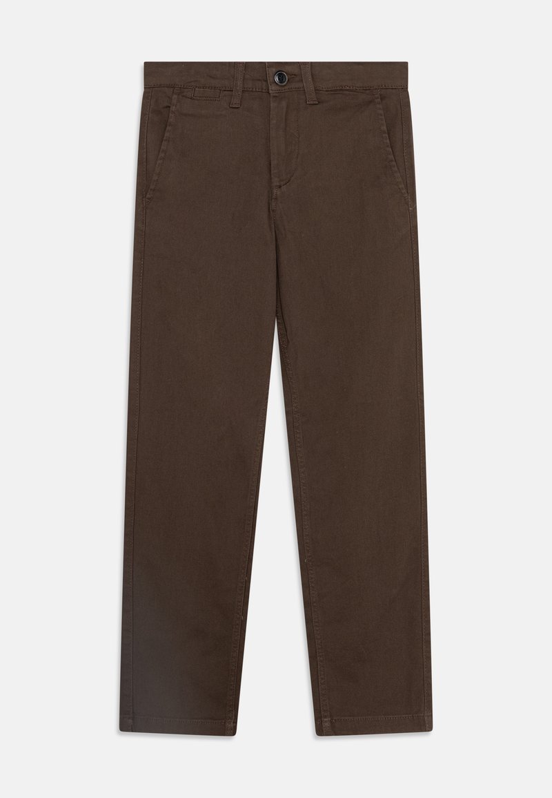 Pantalons en coton marron avec une coupe droite, dotés d'une fermeture à bouton sur le devant, de deux poches latérales et de détails de couture discrets.