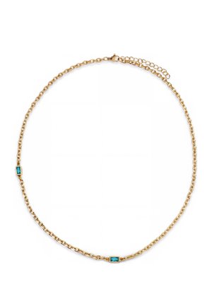 Goldene Halskette mit zwei kleinen rechteckigen blauen Edelsteinen, die auseinander liegen, mit Karabinerverschluss und verstellbaren Gliedern.