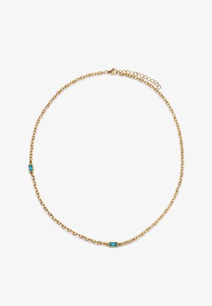 Goldene Halskette mit zwei kleinen rechteckigen blauen Edelsteinen, die auseinander liegen, mit Karabinerverschluss und verstellbaren Gliedern.