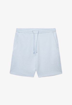 Hellblaue Freizeitshorts mit elastischem Bund, verstellbarem Kordelzug und seitlichen Taschen, flach auf einem weißen Hintergrund liegend dargestellt.
