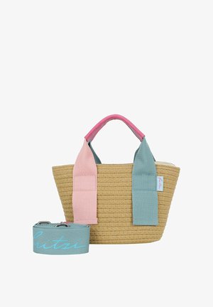 Small woven beige handbag with pink and blue fabric handles, accompanied by a detachable blue shoulder strap with light blue script.