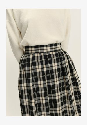 Schwarz-beige karierten Rock mit einem plissierten Design. Aus strukturiertem Stoff gefertigt, verfügt über einen hohen Taillenbund und ein gleichmäßiges Muster.