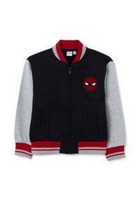 Zwart en grijs kinder hoodiejack met ritssluiting, voorzien van rode en grijze gestreepte manchetten en kraag, en een rode Spider-Man gezichtsembleem op de borst.