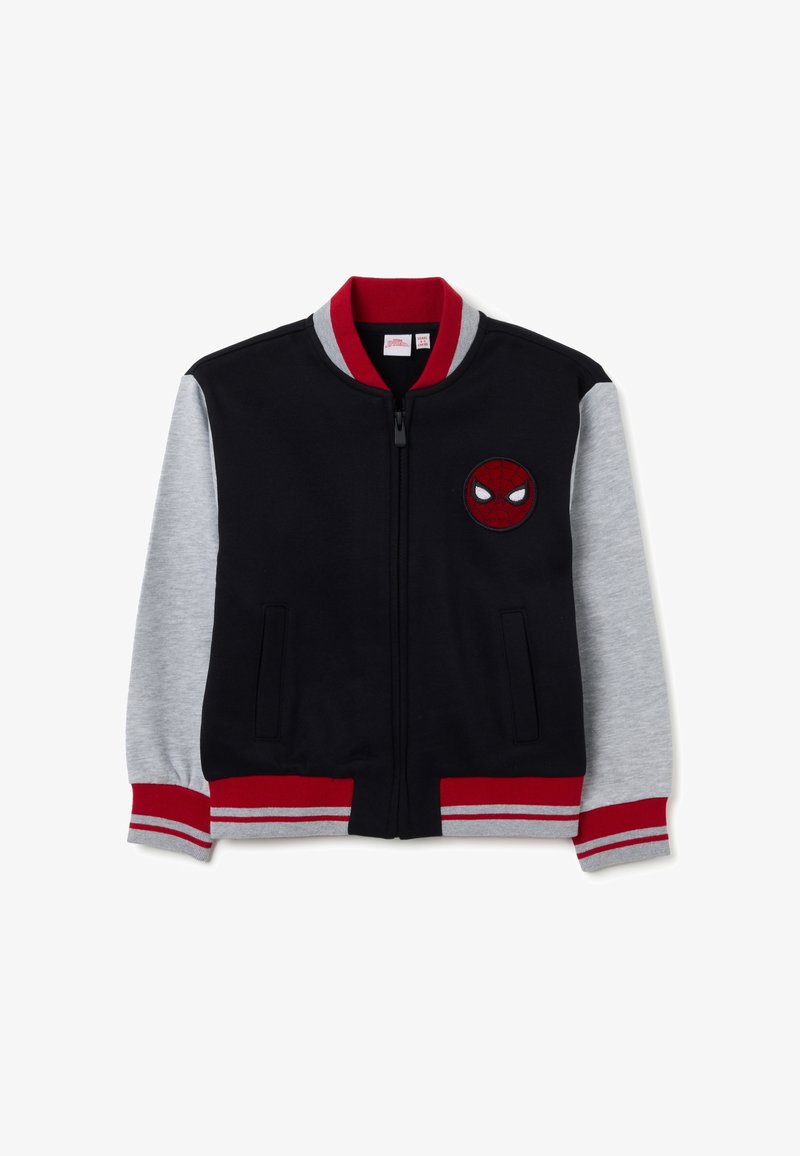 Zwart en grijs kinder hoodiejack met ritssluiting, voorzien van rode en grijze gestreepte manchetten en kraag, en een rode Spider-Man gezichtsembleem op de borst.