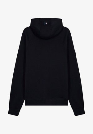 Sweat à capuche noir vu de dos avec manches longues et petite étiquette rectangulaire du logo sur la capuche.