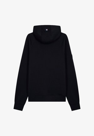Sweat à capuche noir vu de dos avec manches longues et petite étiquette rectangulaire du logo sur la capuche.