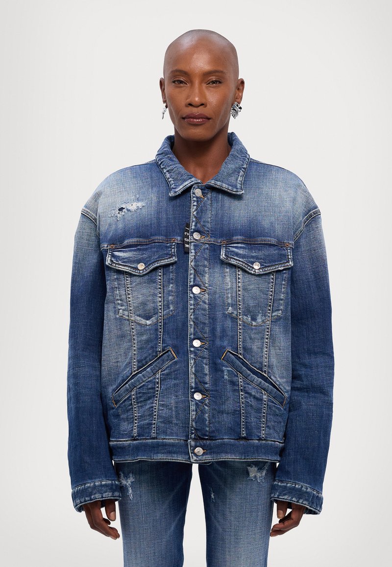 Denim jacket featuring a light to dark blue gradient, distressed details, two chest pockets, button closures, and wide cuffs.