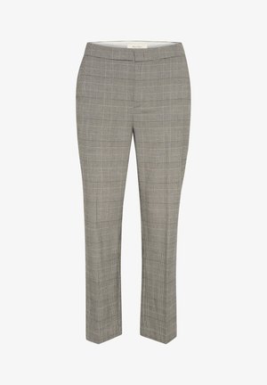 Spodnie w szaro-skalne wzory o dopasowanym kroju, z gładką fakturą, prostymi nogawkami i elastycznym pasem bez widocznych zapięć.