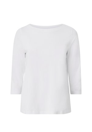 Biała bluzka z rękawami 3/4, wykonana z miękkiej bawełny. Posiada okrągły dekolt i gładką, nieozdobioną teksturę. Minimalistyczny design.