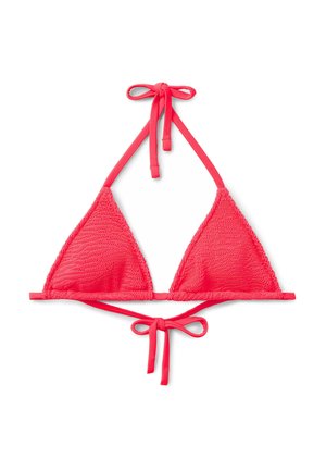 Coral pink triangle bikini top with textured knit fabric and smooth straps. Features adjustable ties at the neck and back for secure fit.