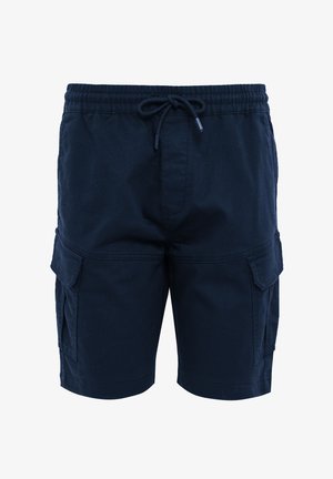 Granatowe szorty cargo wykonane z bawełny, z elastycznym pasem, regulowanym sznurkiem oraz dwoma bocznymi kieszeniami. Wytrzymały materiał, swobodny krój.