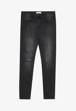 Čierne skinny džínsy z denimu s poškodenými časťami, päť vreciek a jedným gombíkom na zapínanie. Textúrovaná látka s miernym elastanom.