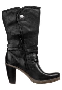 Musta nilkkuri, jossa on kaareva yläosa, sileä nahkapäällinen, vetoketjusuljenta, koristeelliset remmit ja paksu korko.