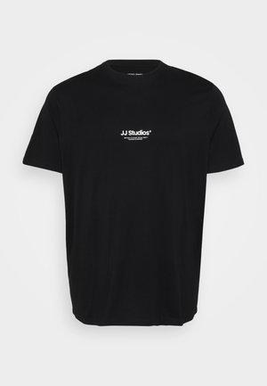 Black cotton t-shirt with short sleeves, crew neckline, and white logo text on the front. Simple design, relaxed fit, no patterns.