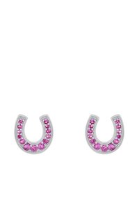 Pendientes de tono plata con forma de herraduras, adornados con múltiples piedras preciosas rosas a lo largo de los bordes. Superficie suave y pulida.