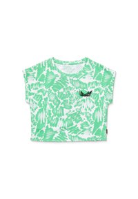 Groene en witte cropped t-shirt met een gestructureerd abstract patroon. Beschikt over korte mouwen en een klein zwart grafisch detail op de borst.