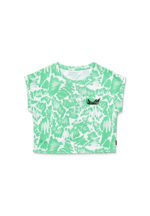 Grünes und weißes, kurz geschnittenes T-Shirt mit einem strukturierten abstrakten Muster. Hat kurze Ärmel und ein kleines schwarzes grafisches Detail auf der Brust.