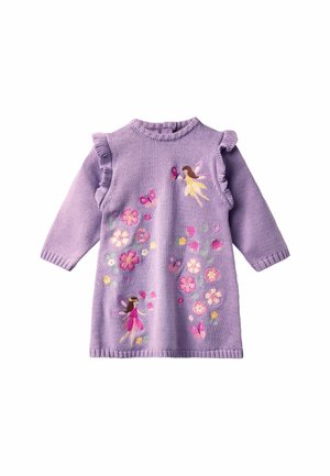 Purple knitted dress with ruffled sleeves, featuring embroidered fairies, flowers, and butterflies in vibrant colors. Round neckline, long sleeves.