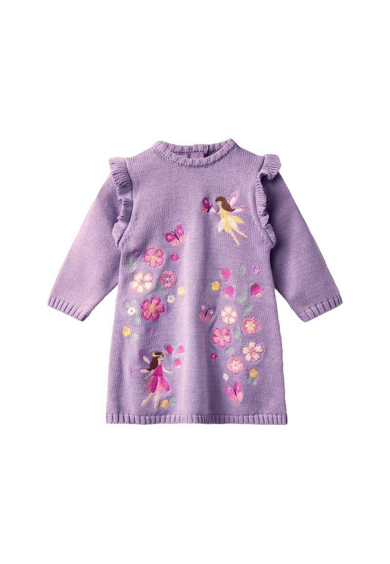 Rochie tricotată violet, cu mâneci volăte, având broderii cu zâne, flori și fluturi în culori vibrante. Guler rotund, mâneci lungi.