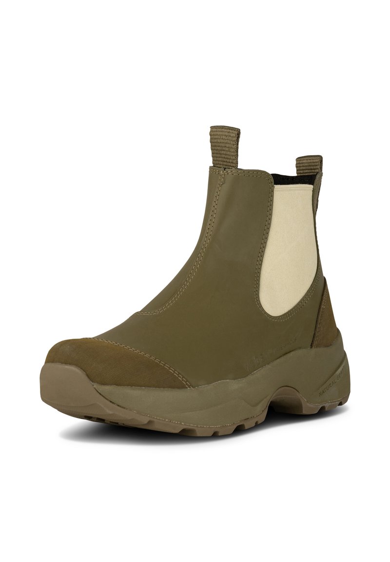 Zielone wodoodporne botki za kostkę z elastycznymi panelami bocznymi, zamszowymi akcentami i teksturowaną gumową podeszwą. Zaprojektowane z myślą o komforcie i trwałości.