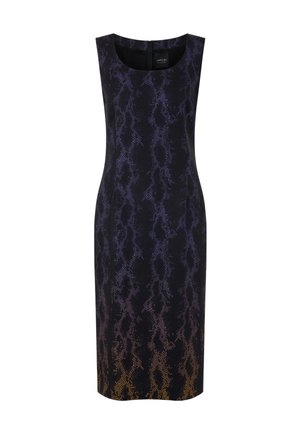 Sleeveless black dress featuring a purple and orange snake skin pattern, narrow fit, knee-length, and smooth texture.