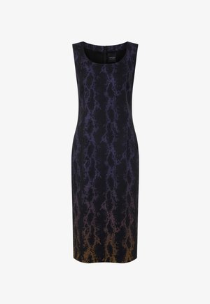Sleeveless black dress featuring a purple and orange snake skin pattern, narrow fit, knee-length, and smooth texture.
