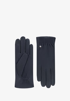 Pair of black leather gloves with elastic wrist detail and a small metal button on the back of one glove, laid flat on white background.