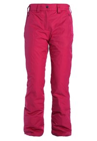 Roze waterdichte skibroek met een rechte pijpvorm, binnenzakken, verstelbare tailleband en verstevigde manchetten. Gemaakt van synthetisch materiaal.