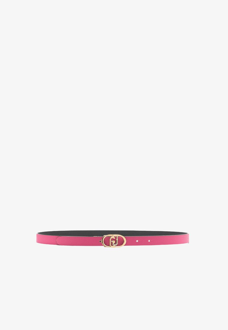 Cintura in pelle rosa con una fibbia dorata che presenta un logo centrale. Texture liscia, lunghezza regolabile con più buchi per una vestibilità ottimale.