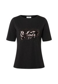 Schwarzes Baumwoll-T-Shirt mit kurzen Ärmeln, das ein Paillettendesign in Silber und Roségold aufweist, das als stilisierte Textgrafik auf der Vorderseite gestaltet ist.