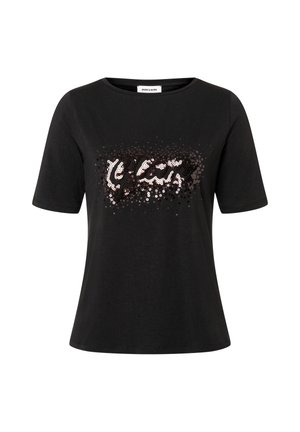 Schwarzes Baumwoll-T-Shirt mit kurzen Ärmeln, das ein Paillettendesign in Silber und Roségold aufweist, das als stilisierte Textgrafik auf der Vorderseite gestaltet ist.