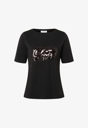 Schwarzes Baumwoll-T-Shirt mit kurzen Ärmeln, das ein Paillettendesign in Silber und Roségold aufweist, das als stilisierte Textgrafik auf der Vorderseite gestaltet ist.