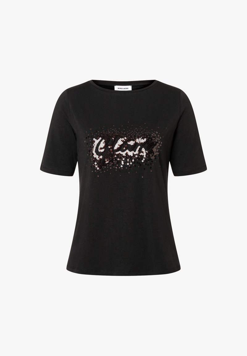 Schwarzes Baumwoll-T-Shirt mit kurzen Ärmeln, das ein Paillettendesign in Silber und Roségold aufweist, das als stilisierte Textgrafik auf der Vorderseite gestaltet ist.